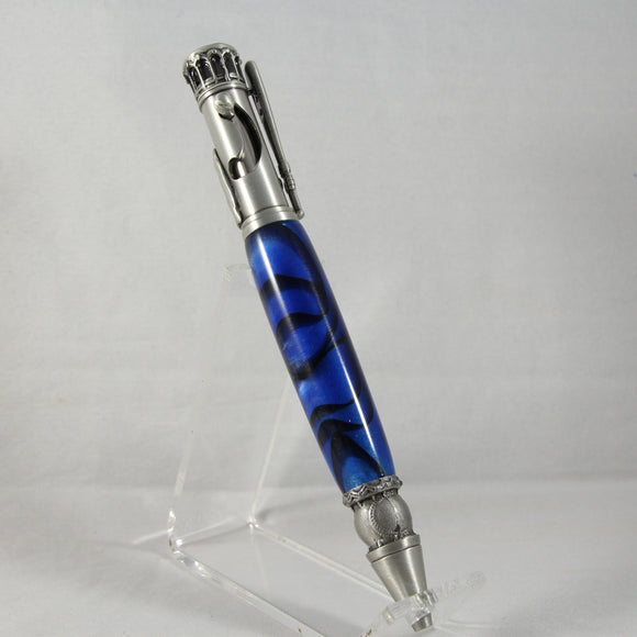 BB-E Baseball Blue Acrylic Twist Pen With Antique Pewter