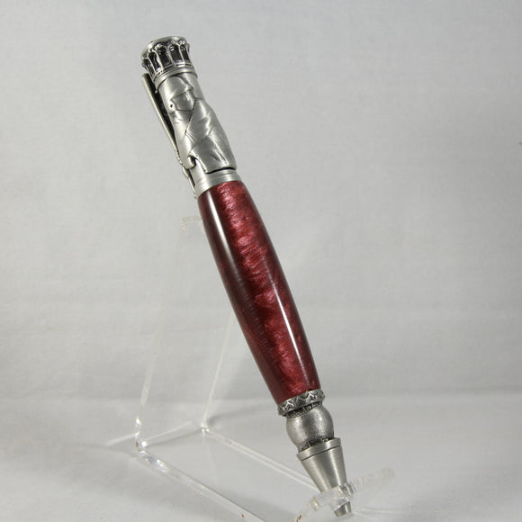 BB-F Baseball Red Acrylic Twist Pen With Antique Pewter