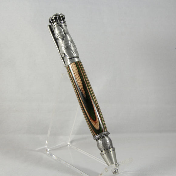 BB-G Baseball Green and Brown Laminate Twist Pen With Antique Pewter
