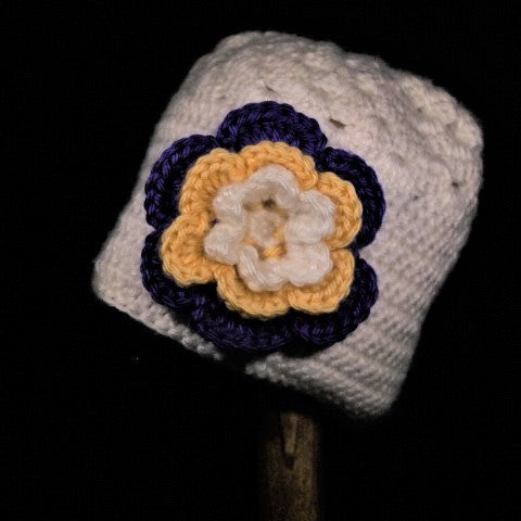 BURSA117 - Infant Crocheted Hat White/Purple/Gold with Flower