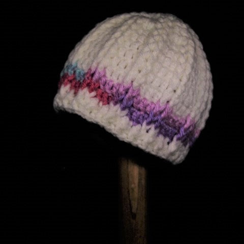 BURSA181 - Crocheted Hat - White/Bright variegated pink/purple/mint trim (Baby)