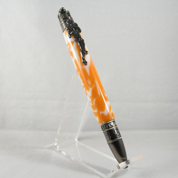 FB-AF Football Orange and White Acrylic Twist Pen With Antique Pewter Trim