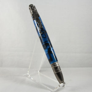 FB-AG Football Blue and Black Acrylic Twist Pen With Antique Pewter Trim