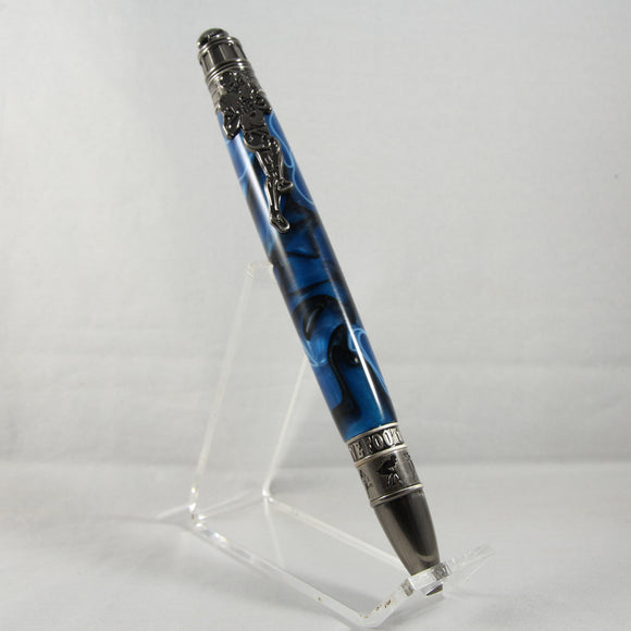 FB-AG Football Blue and Black Acrylic Twist Pen With Antique Pewter Trim
