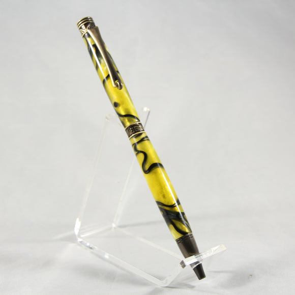A-HI Slimline Yellow and Black Acrylic Twist Pen With Antique Brass Trim
