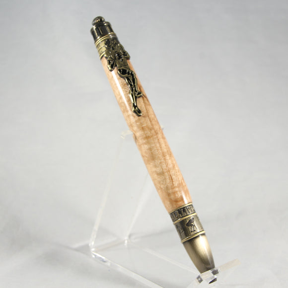 FB-AC Football Curly Maple Twist Pen With Antique Brass Trim