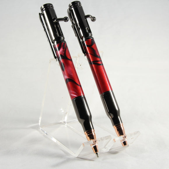 BS-I Bolt Action Red and Black Acrylic Pen and Pencil Set With Gun Metal Trim in Gun Case