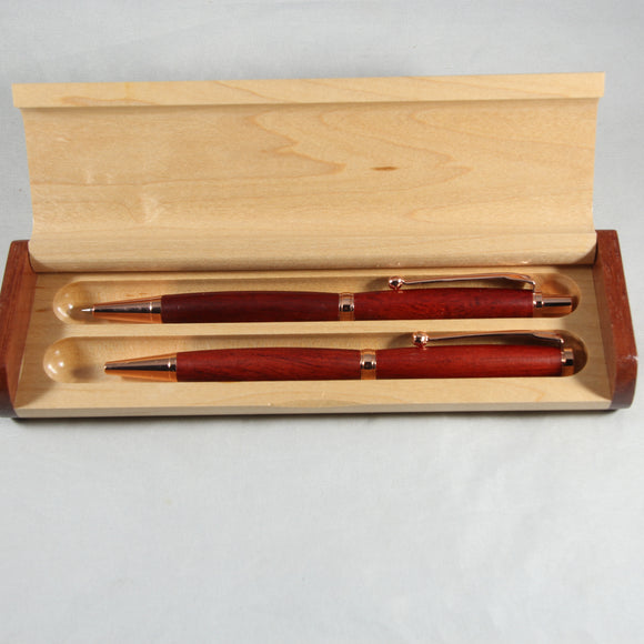 SS-AF Slimline Padauk With Rose Gold Trim Pen and Pencil Set - Case Included