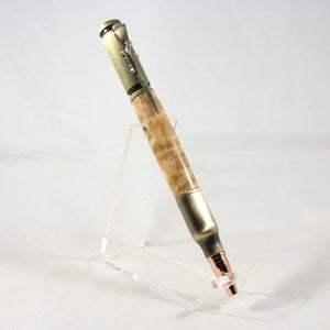 B-DDF Bolt Action Curly Maple Pen With Antique Brass Trim