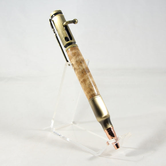 B-DDF Bolt Action Curly Maple Pen With Antique Brass Trim