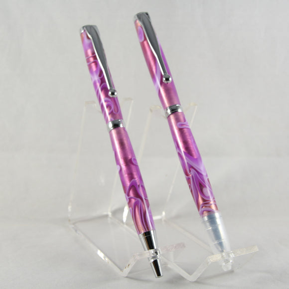 SS-BC Slimline Purple Acrylic Ballpoint and Rollerball Pen Set With Chrome Trim - Case Included