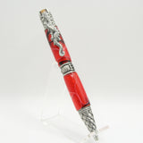DRG-G Dragon Red and Black Acrylic Twist Pen With Antique Pewter Trim