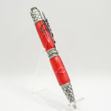 DRG-G Dragon Red and Black Acrylic Twist Pen With Antique Pewter Trim