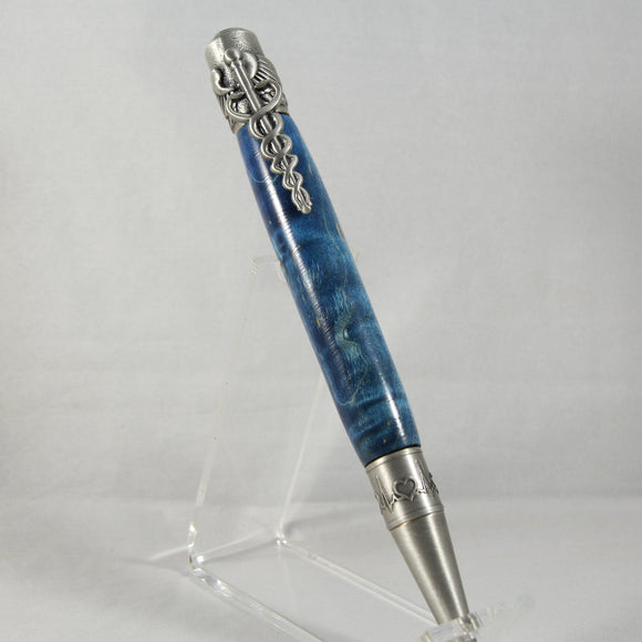 MD-A Medical Blue Box Elder Twist Pen With Antique Pewter Trim
