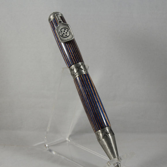 PKB-D Pickleball Blue and Brown Laminate Twist Pen With Antique Pewter Trim