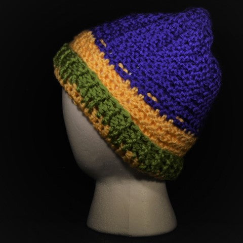 BURSA127 - Large Crocheted Hat Hunter Mardi Gras Purple/Green/Gold