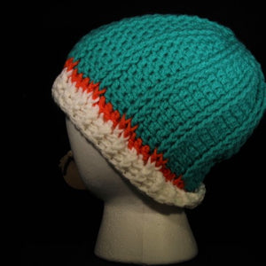 BURSA239 - Crocheted Hat - Teal/orange/white trim (Lg)