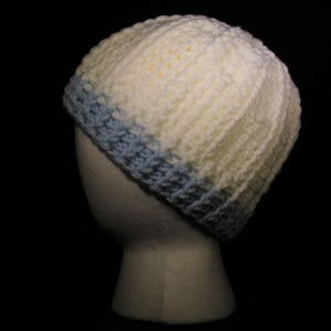 BURSA220 - Crocheted Hat - White/baby blue trim (Med)