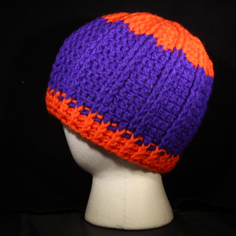 BURSA222 - Crocheted Hat - Purple/bright orange trim (Med)