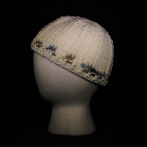 BURSA202 - Crocheted Hat - White/variegated taupe/blue trim (Small)