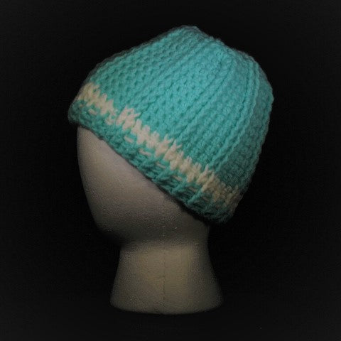 BURSA201 - Crocheted Hat - Mint/white/teal trim (Small)