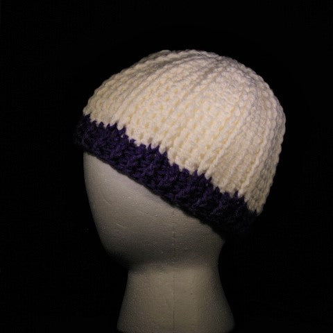 BURSA199 - Crocheted Hat - White/lavender trim (Small)