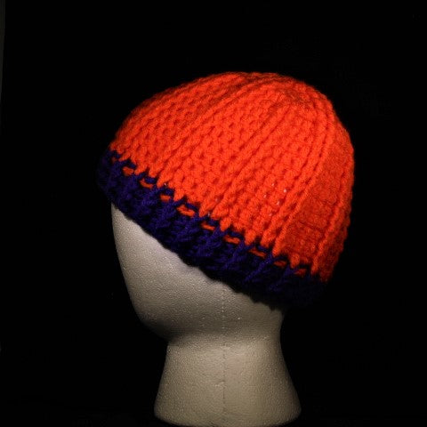 BURSA206 - Crocheted Hat - Bright orange/purple trim (Small)