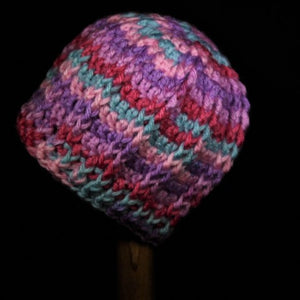 BURSA183 - Crocheted Hat - Bright variegated pink/purple/mint trim (Baby)